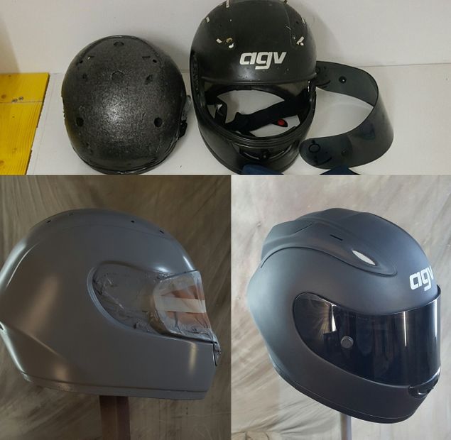 From damaged mat coat, over base filler, to end mat coat with original old AGV logo.